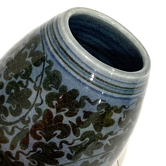 Vintage Art Pottery Mini or Bud Vase Handpainted Blue Brown Floral Glossy Signed - Picture 3 of 10